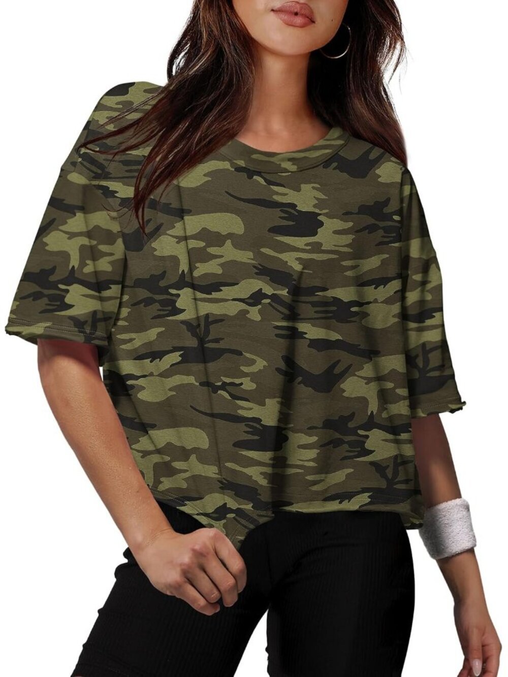 Women's Print Camouflage Crew Neck Casual Crop Tops Short Sleeve Basic Tee Shirt